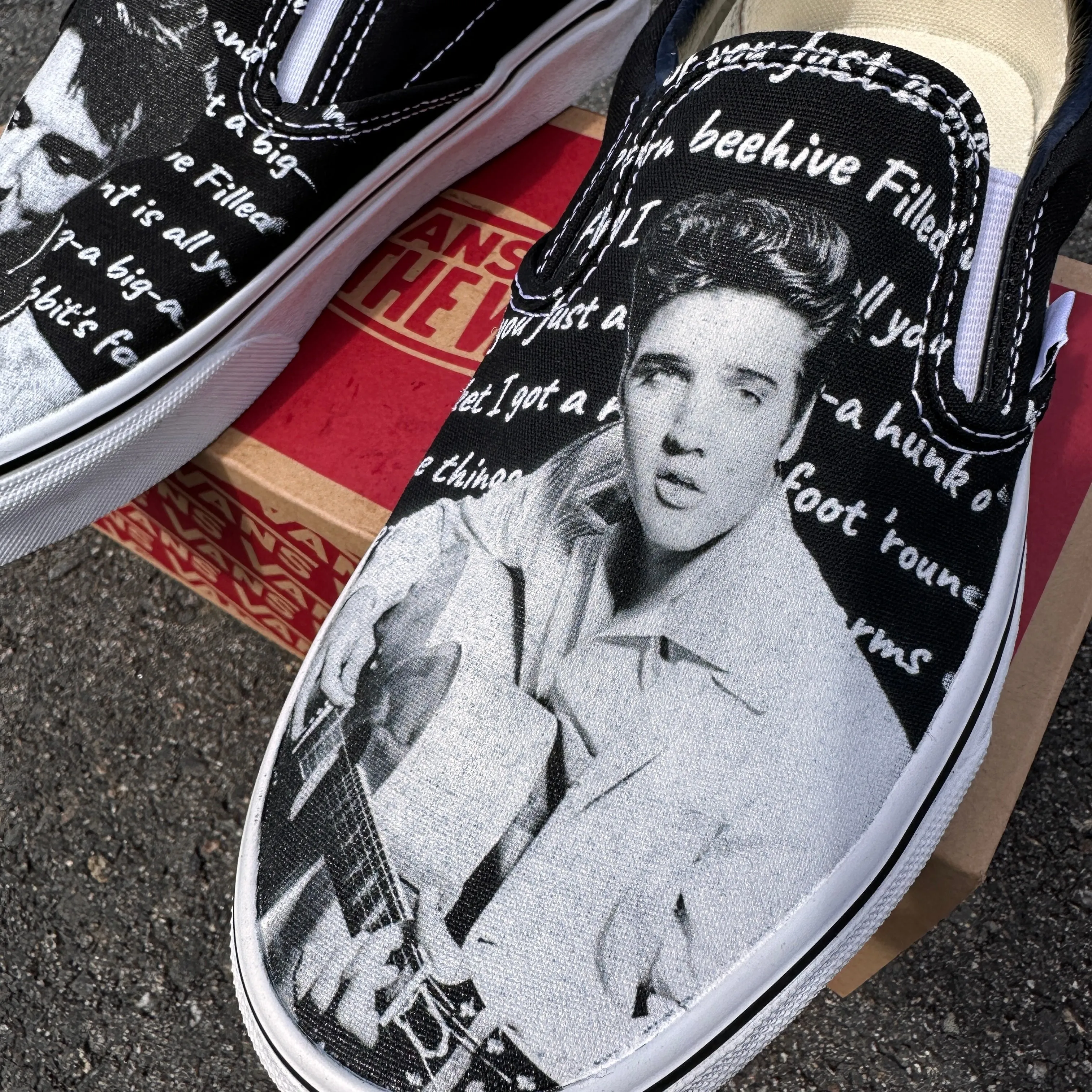 Custom Vans Shoes - Elvis Presley Custom Shoes - Black Slip On Vans