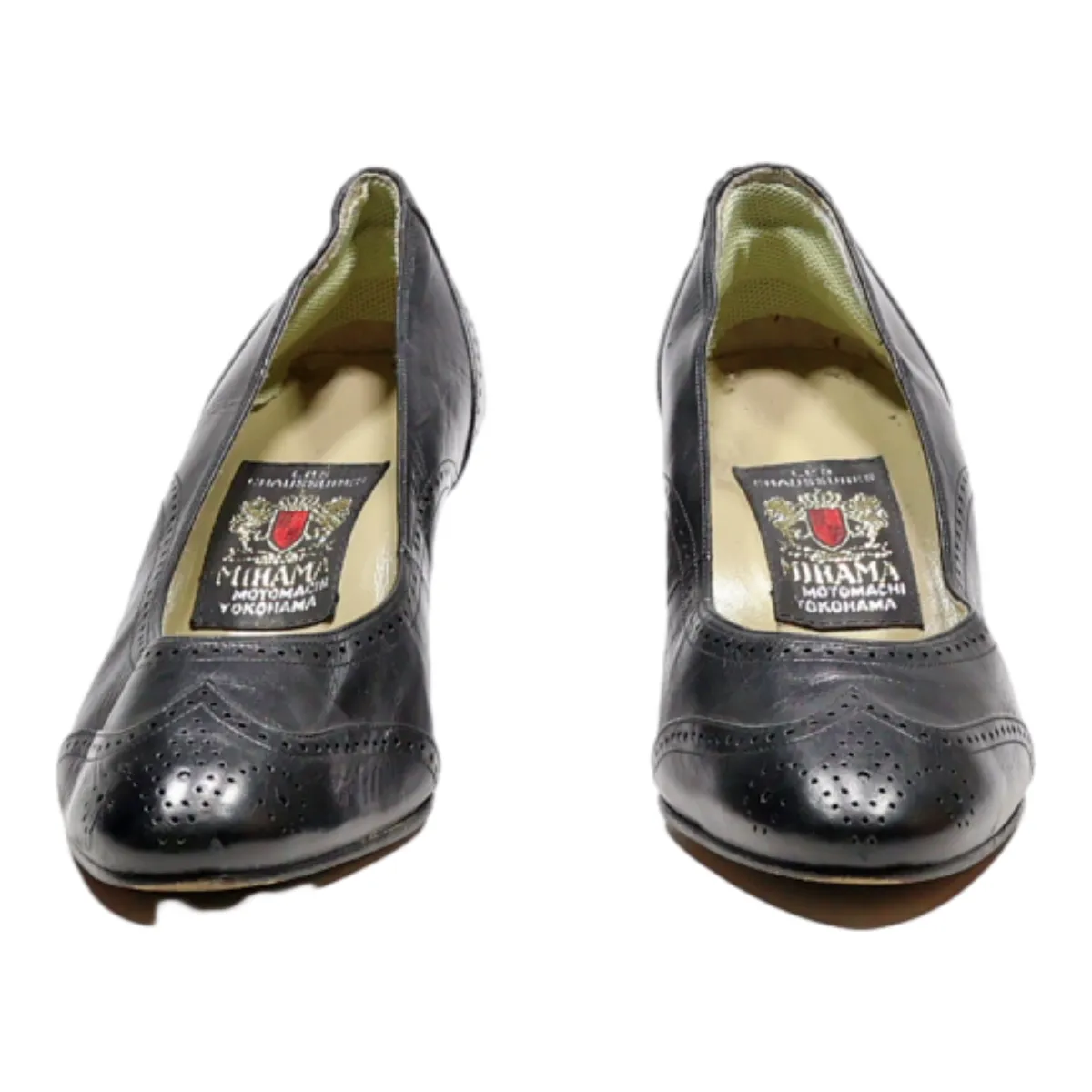 MIHAMA Brogue Pump Heels Black Leather Womens UK 4
