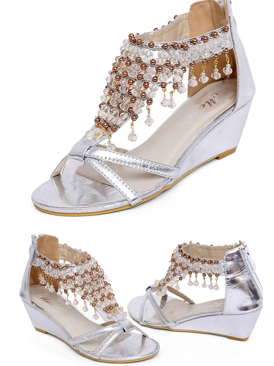 Silver Pearl Pendant Wedge Heel T-Strap Boho Sandals
