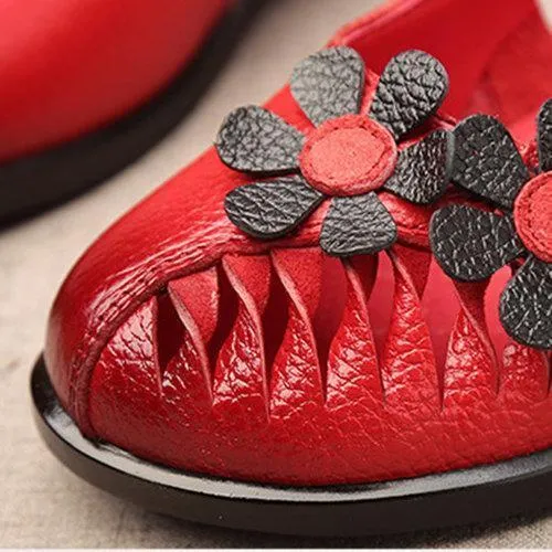 SOCOFY Flower Hollow Out Original Low Heel Vintage Flat Shoes