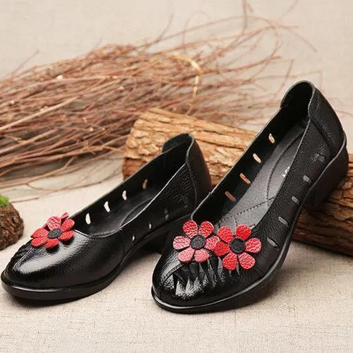 SOCOFY Flower Hollow Out Original Low Heel Vintage Flat Shoes