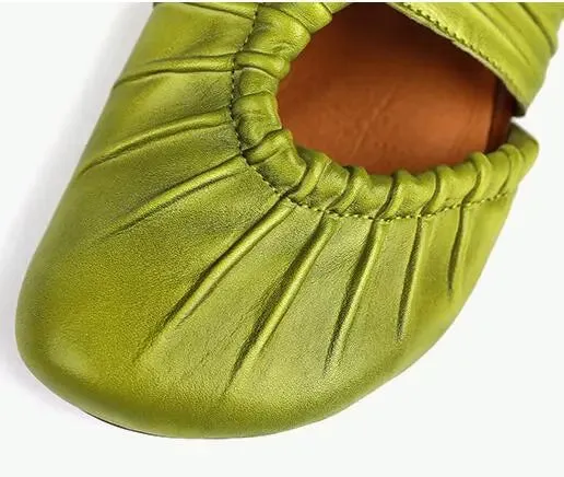 Vintage-Inspired Green Leather Low Heel Sandals for Women