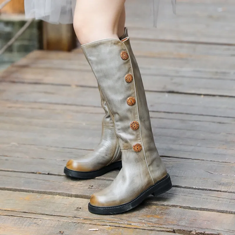 Women Leather Handmade Knee-Length Boots With Ziper Low Heel in Grey/Coffee