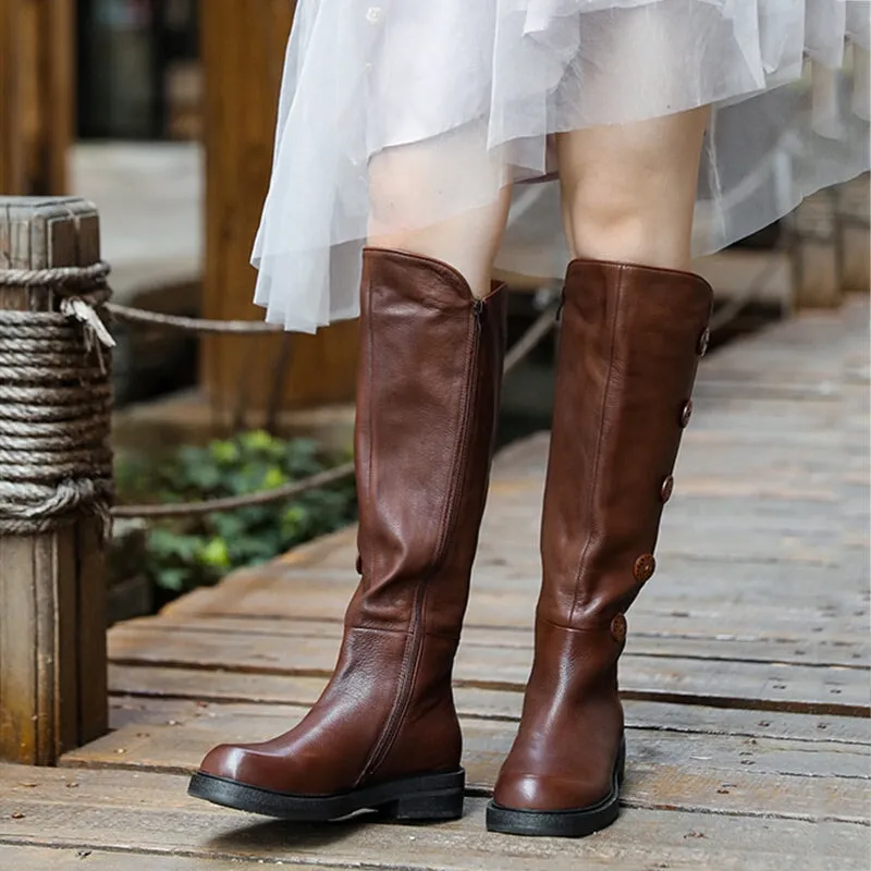Women Leather Handmade Knee-Length Boots With Ziper Low Heel in Grey/Coffee